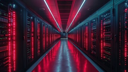 Futuristic Data Center With Colorful LED Lights and Server Racks