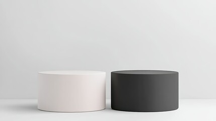 Minimalist Cylindrical Podiums: Two minimalist, cylindrical podiums, one white and one charcoal, stand side by side, perfect for product display or presentation against a simple backdrop.