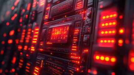Obraz premium Futuristic Data Center with Neon Red Lights and Dark Panels