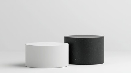 Minimalist Duo: Two cylindrical pedestals, one pristine white and the other a deep charcoal, stand in perfect juxtaposition, offering a modern aesthetic.