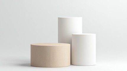 Minimalist Pedestal Display: A trio of cylindrical pedestals in soft neutral tones creates a clean, modern platform for showcasing products, art, or design elements.