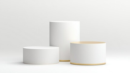 Elevated Presentation: Modern cylindrical podiums with golden and white finishes stand ready, offering an ideal platform for product display and brand showcases. A minimalist design.