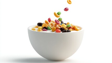 Colorful Cereal Delight: A vibrant assortment of colorful cereal pieces cascade into a pristine bowl filled with creamy milk, creating a mouthwatering image that captures the joy of a quick.