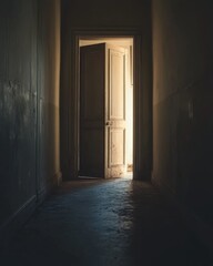 Dementia risk symbolized by a closed door in a dimly lit hallway. Featuring a sense of isolation and uncertainty