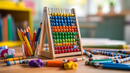 Colorful Abacus and Pencils on Tabletop for Learning and Creativity