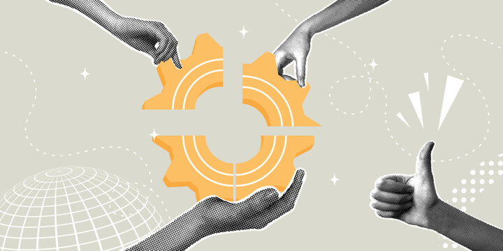 Trendy halftone collage. Teamwork makes dreams come true. The concept of partnership, to get a solution, work efficiency, optimization.Teammates connecting the parts of the gear together.