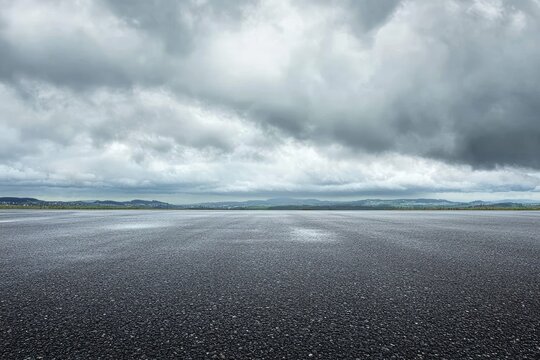 Wet asphalt road, stormy sky, distant hills, overcast