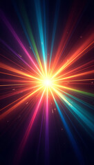 A dynamic rainbow lens flare bursting outward with smooth, multi-color streaks and a vibrant glowing core, set against a solid black background. Ideal for colorful design accents.