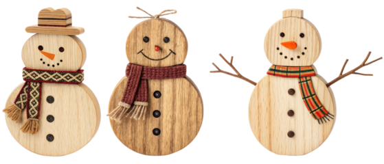 Wooden snowman ornaments isolated with transparent background