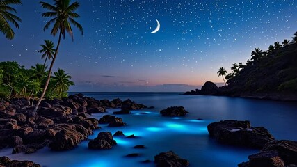 Tranquil tropical lagoon under the stars and crescent moon at night - Powered by Adobe