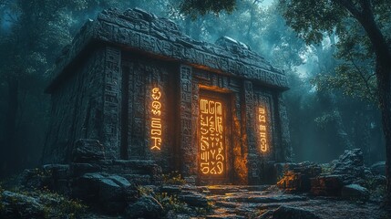 Fototapeta premium An ancient temple with glowing runes carved into its walls
