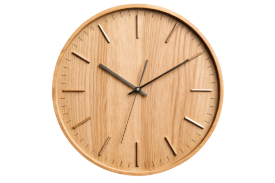 Round wooden wall clock isolated with transparent background