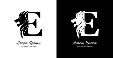 The logo design is in the shape of a lion's head in a simple style and combined with the letter E