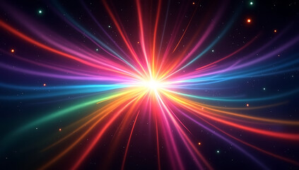 Naklejka premium A dynamic rainbow lens flare bursting outward with smooth, multi-color streaks and a vibrant glowing core, set against a solid black background. Ideal for colorful design accents.