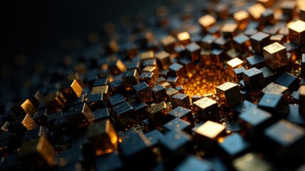 Obraz premium Abstract Golden and Black Cubes with Glowing Interior Depicting a Three-Dimensional Structure