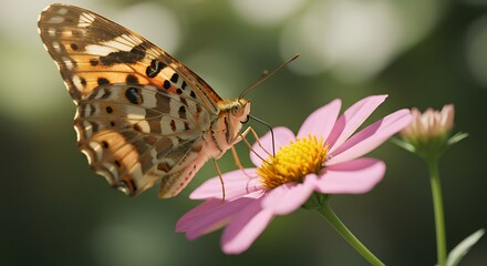 Fototapeta premium Butterfly Resting on Pink Flower with Detailed Wing Pattern Closeup