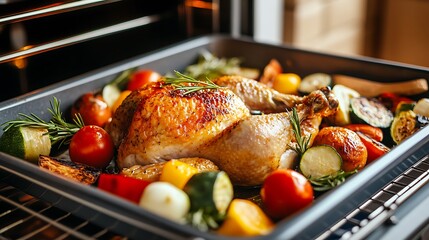 Fototapeta premium Convection oven in action showcasing a tray of golden brown roasted chicken