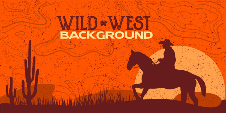 Silhouette of Cowboy riding horses at sunset vector. Wild west rustic landscape background.