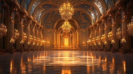 Obraz premium A royal ballroom with intricate golden detailing and elegant chandeliers