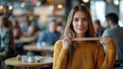 A woman holding a symbolic coat hanger sign. In a busy coffee shop with patrons sitting at tables