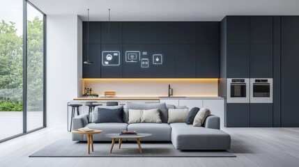 Illuminating smart home icons enhance modern living room aesthetics
