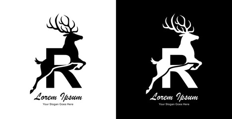 The logo design is in the form of a deer jumping and combined with the letter R