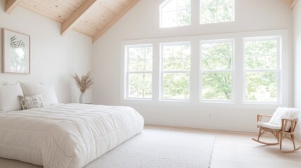 Fototapeta premium Minimalist bedroom featuring a large bed with white bedding, a wooden vaulted ceiling, and large windows filled with bright natural light.