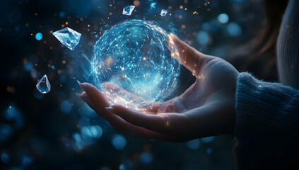 A woman's hand holds a glowing crystal ball surrounded by energy and digital data streams in a dark environment with hints of blue light and floating crystalline elements, creating a mystical effect.