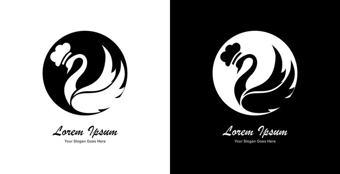 A logo design in the form of a swan wearing a chef's hat combined with a circle