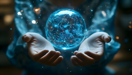 A woman's hands hold an illuminated blue crystal ball with glowing data points inside, floating above her palms in a holographic digital art style, with a dark background and glowing geometric shapes.