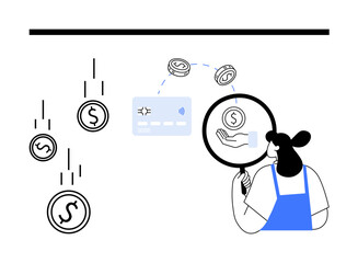 Person holding magnifying glass inspecting hand holding coin, near credit card, falling coins. Ideal for finance, savings, banking, transactions, investments, budget planning financial insights