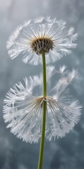 Obraz premium Delicate Dandelion Seed Heads with Dewdrops, Suspended in Air, Displaying Intricate Details and Natural Beauty