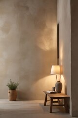 Serene Interior Design A Rustic Wooden Bench with a Table Lamp and Greenery in a Calm, Earthy-Toned Room