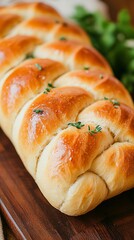 Freshly baked golden-brown bread loaf garnished with herbs on a wooden board
