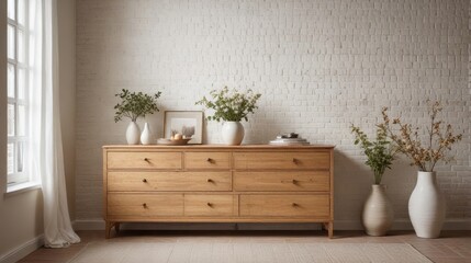 Light wood dresser with eight drawers against a whitewashed brick wall, adorned with vases of greenery and dried flowers, creating a serene and minimalist home interior