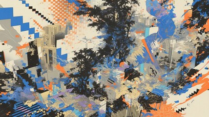 Fototapeta premium Abstract urban landscape with trees, digital art style, possible use for wallpaper