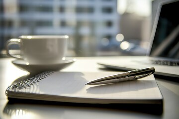 A tranquil workspace featuring a coffee cup, an open notebook, and a pen near a laptop. Ideal for concepts of productivity and creativity in business.