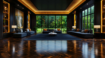 Fototapeta premium Luxurious living room, forest view, evening ambiance, home interior design