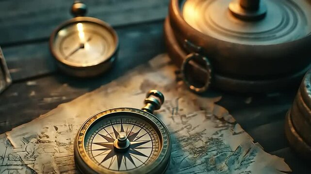 Antique compass resting on an aged, antique map, hinting at adventure and exploration.