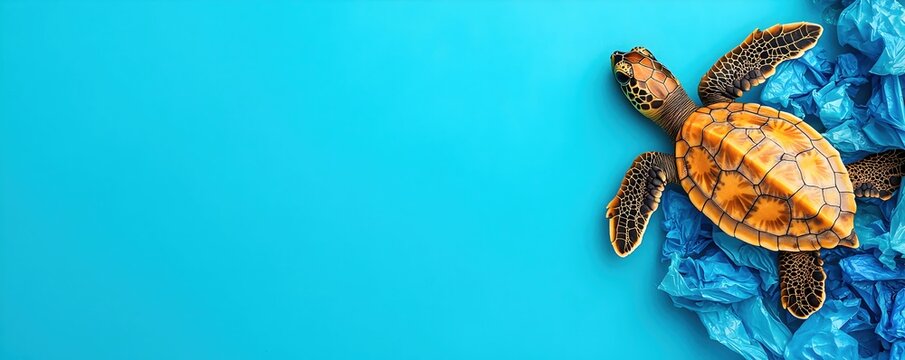 Colorful Sea Turtle on Blue Background with Ocean Waste Plastic