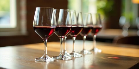 A row of elegant wine glasses filled with rich red wine, positioned on a polished wooden table, bathed in soft, natural light.