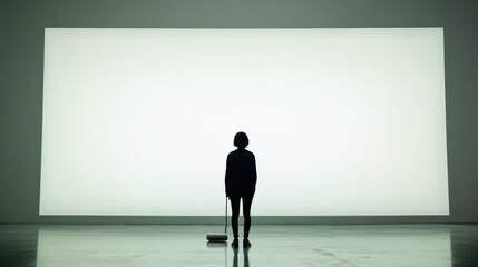 Obraz premium A person painting a large wall with white paint, using a roller brush, transforming the space with a clean and fresh minimalist aesthetic in a modern home or office setting.