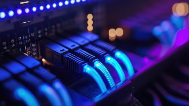 Close-up view of glowing Ethernet cables connected to a network switch, showcasing modern technology and connectivity in a vibrant, futuristic setting.