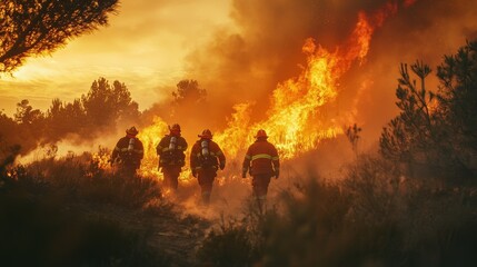 Fototapeta premium Firefighters bravely combat wildfires, showcasing courage and teamwork amidst smoke and flames during a dramatic sunset.