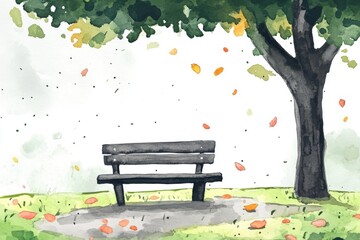A serene watercolor illustration of a park bench under a leafy tree, surrounded by falling autumn leaves, evoking a calm and peaceful atmosphere.