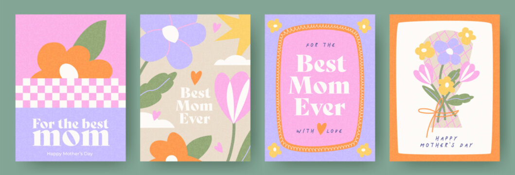 Spring set of the cutest card, cover, banner or poster for the spring holiday with wildflowers, daisies, tulips bouquet. Hand drawn Floral art templates for Mothers Day greetings, ads and decoration