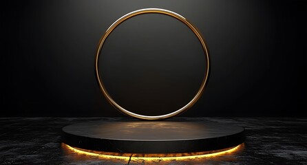 3D render, black background with a golden ring podium for product presentation mock-up design template