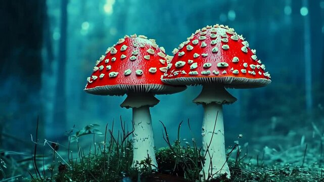 Red mushrooms grow in a misty forest surrounded by tall trees and soft green moss on a calm evening