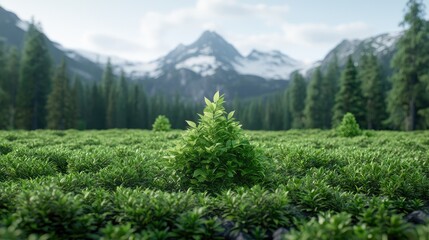 Fototapeta premium Young green pine tree grows in a lush alpine meadow with a dense forest and snow-capped mountains in the background during daytime.