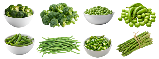 Collection of 4 vegetable fruit, Long green string french bean, Broccoli, pea, Asparagus in bowl, pile on transparent cutout PNG. Mockup template for artwork design.	
